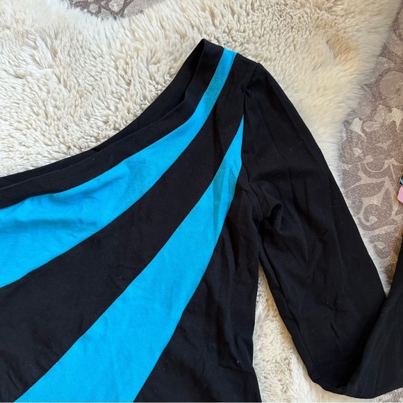 Vintage Y2K Eyeshadow Abstract Striped One Shoulder Retro Top Black Turquoise L - Picture 5 of 11